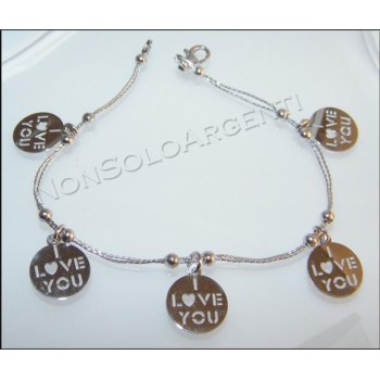 NSA|Argento 925 : bracciale con doppia catena a cavetto e medaglia I Love You