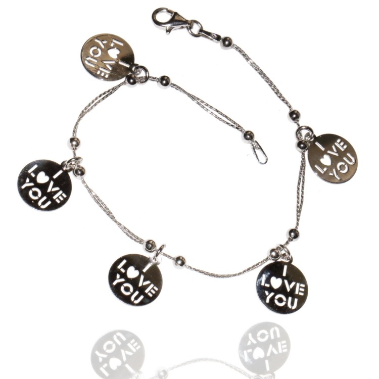 NSA|bracciale argento 925 ciondoli medagliette I Love You doppia catena a cavetto