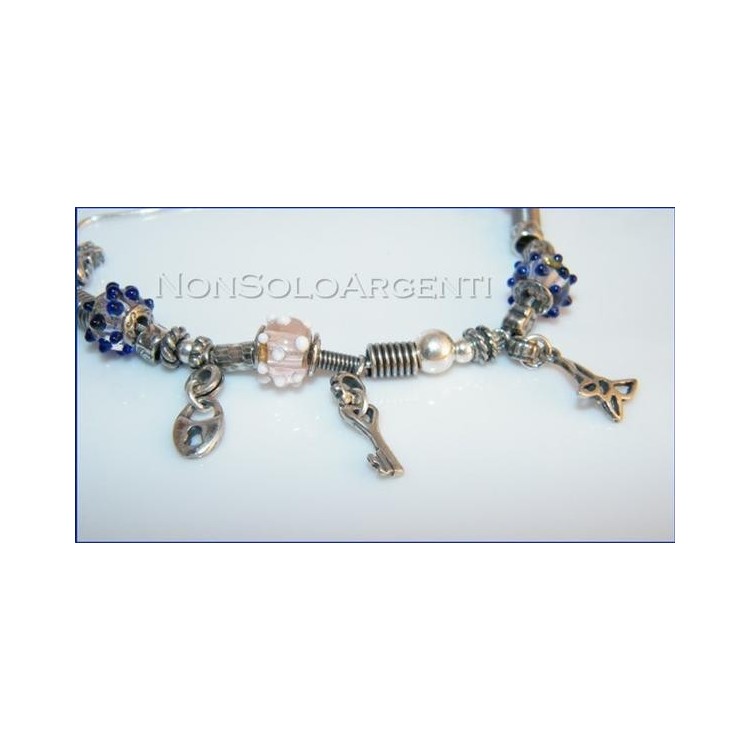 NSA|Argento 925 : bracciale con elementi anticati e 4 biglie di Murano con ciondoli charme