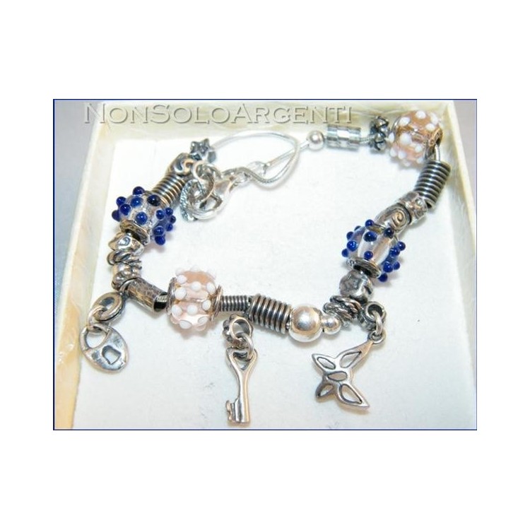 NSA|Argento 925 : bracciale con elementi anticati e 4 biglie di Murano con ciondoli charme
