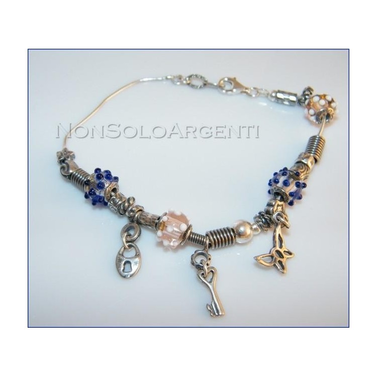 NSA|Argento 925 : bracciale con elementi anticati e 4 biglie di Murano con ciondoli charme