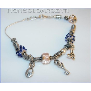 NSA|Argento 925 : bracciale con elementi anticati e 4 biglie di Murano con ciondoli charme