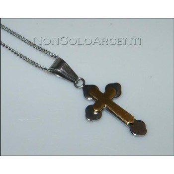 NSA|Acciaio : Collana uomo o donna grumetta ciondolo croce 2 toni argento e oro