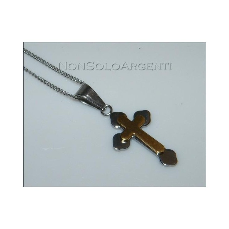 NSA|Acciaio : Collana uomo o donna grumetta ciondolo croce 2 toni argento e oro