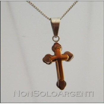NSA|Acciaio : Collana uomo o donna grumetta ciondolo croce 2 toni argento e oro