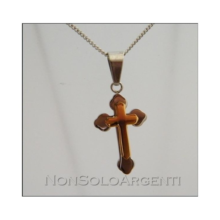 NSA|Acciaio : Collana uomo o donna grumetta ciondolo croce 2 toni argento e oro