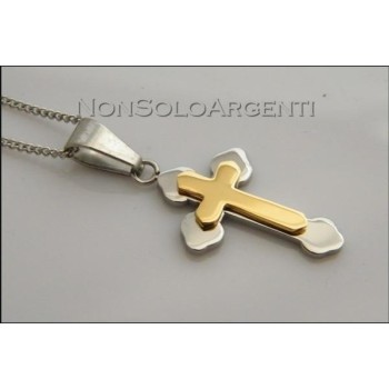 NSA|Acciaio : Collana uomo o donna grumetta ciondolo croce 2 toni argento e oro