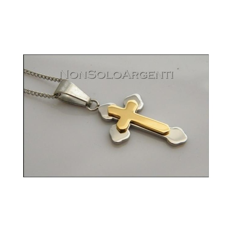 NSA|Acciaio : Collana uomo o donna grumetta ciondolo croce 2 toni argento e oro