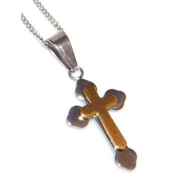 NSA|Stainless steel cross pendant necklace in 2 silver and gold tones for men with lobes