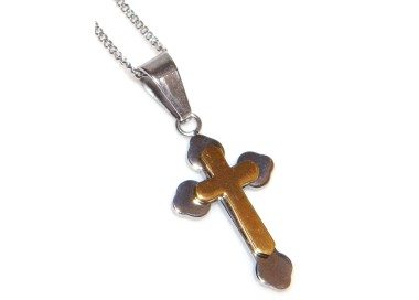 NSA|Collana acciaio ciondolo croce 2 toni argento e oro per uomo lobata