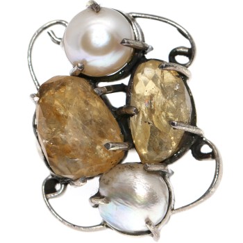 NSA|Anello argento 925 gemme di citrino naturale e perle d'acqua dolce misura 16 riccioli