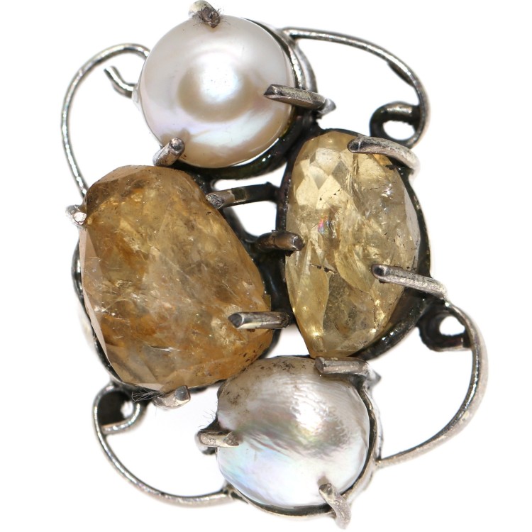 NSA|Anello argento 925 gemme di citrino naturale e perle d'acqua dolce misura 16 riccioli