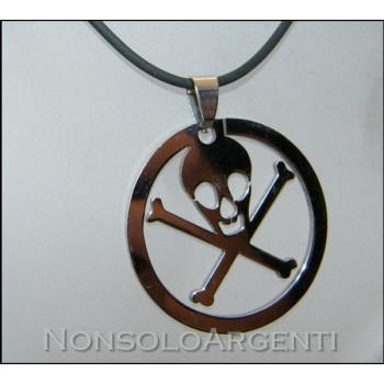 NSA|Acciaio : Collana uomo / donna caucciu con ciondolo teschio in cornice tonda