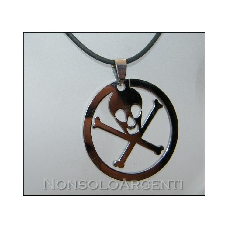 NSA|Acciaio : Collana uomo / donna caucciu con ciondolo teschio in cornice tonda