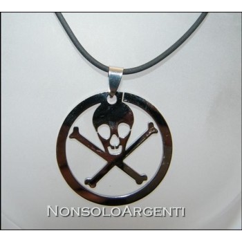 NSA|Acciaio : Collana uomo / donna caucciu con ciondolo teschio in cornice tonda