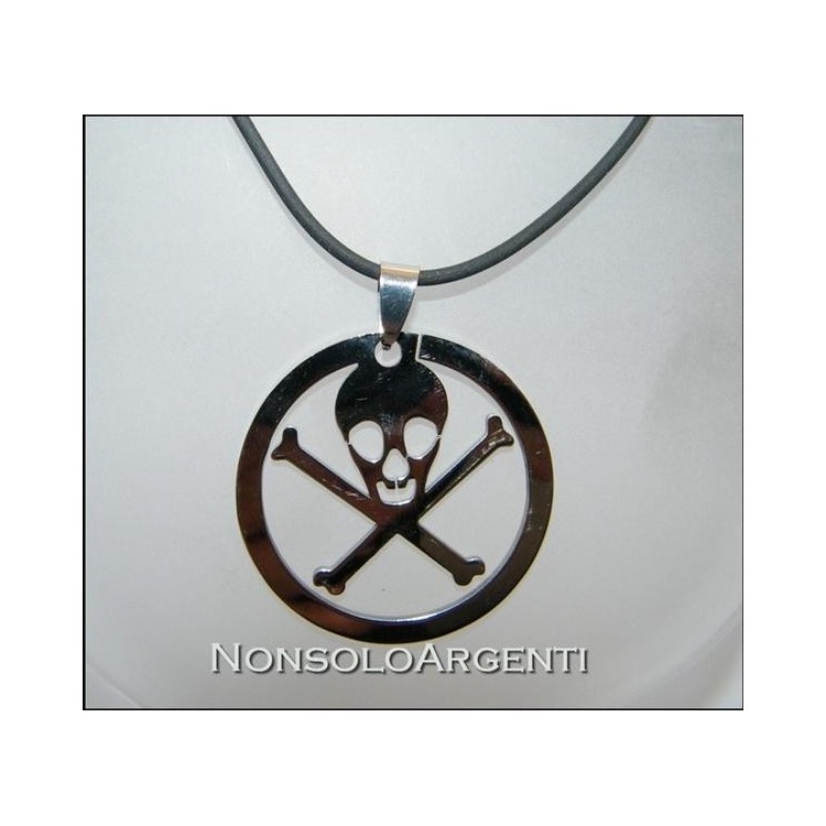 NSA|Acciaio : Collana uomo / donna caucciu con ciondolo teschio in cornice tonda
