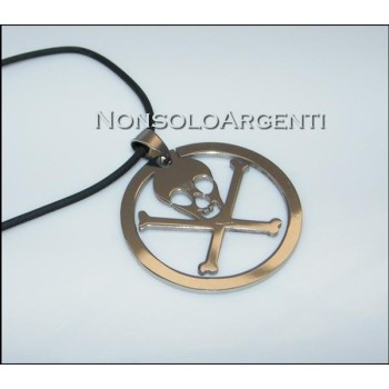 NSA|Acciaio : Collana uomo / donna caucciu con ciondolo teschio in cornice tonda