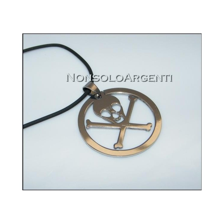 NSA|Acciaio : Collana uomo / donna caucciu con ciondolo teschio in cornice tonda