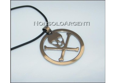 NSA|Acciaio : Collana uomo / donna caucciu con ciondolo teschio in cornice tonda