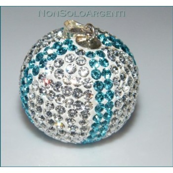 NSA|Ciondolo Argento 925 : Sfera grande Bianca bande azzurre con chiama Angeli pavè di Zirconia collana omaggio 30mm 20 gr