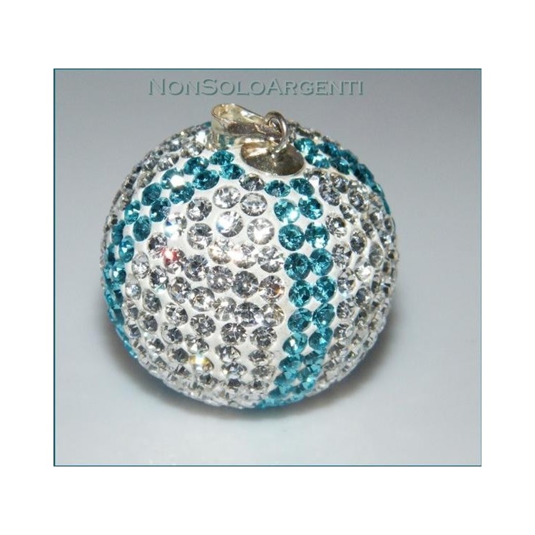 NSA|Ciondolo Argento 925 : Sfera grande Bianca bande azzurre con chiama Angeli pavè di Zirconia collana omaggio 30mm 20 gr