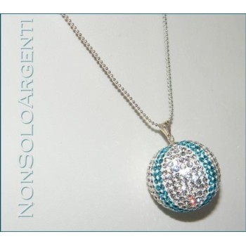 NSA|Ciondolo Argento 925 : Sfera grande Bianca bande azzurre con chiama Angeli pavè di Zirconia collana omaggio 30mm 20 gr