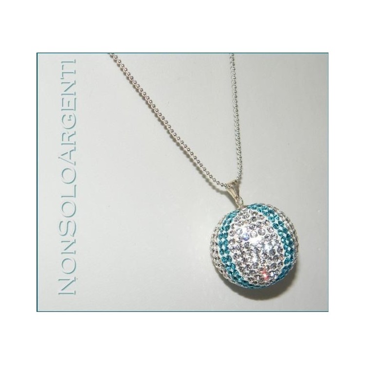 NSA|Ciondolo Argento 925 : Sfera grande Bianca bande azzurre con chiama Angeli pavè di Zirconia collana omaggio 30mm 20 gr