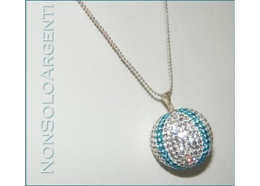 NSA|Ciondolo Argento 925 : Sfera grande Bianca bande azzurre con chiama Angeli pavè di Zirconia collana omaggio 30mm 20 gr