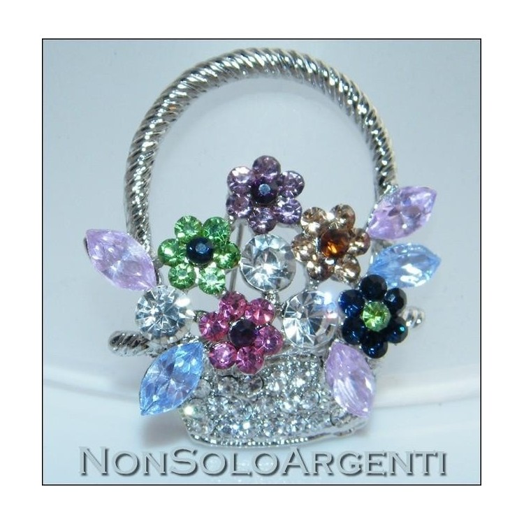 NSA|Bigiotteria : Spilla da Donna colore Argento chiaro cesto di fiori con strass