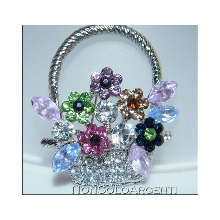 NSA|Bigiotteria : Spilla da Donna colore Argento chiaro cesto di fiori con strass