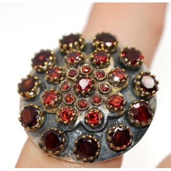 NSA|Argento 925 : Anello toppa rosone tondo con parti lam oro,granato e cristallo idrotermale REGOLABILE