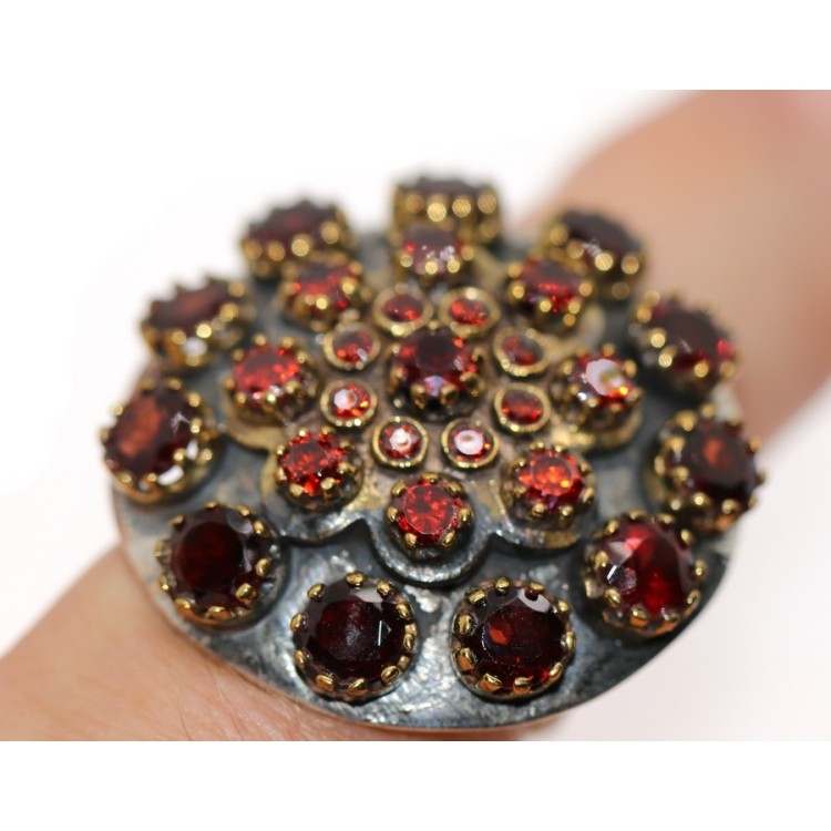 NSA|Argento 925 : Anello toppa rosone tondo con parti lam oro,granato e cristallo idrotermale REGOLABILE