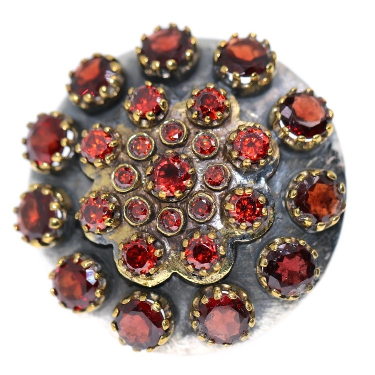 NSA|anello toppa argento 925 rosone tondo granato cristallo idrotermale regolabile