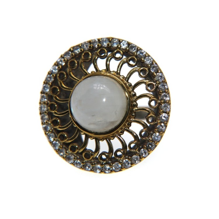 NSA|Anello toppa argento 925 rosone tondo con parti lam oro, zirconi naturali e pietra di luna per donna