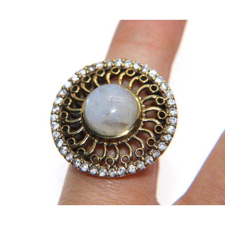 NSA|Anello toppa argento 925 rosone tondo con parti lam oro, zirconi naturali e pietra di luna per donna