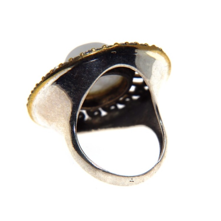 NSA|925 silver patch ring, round rosette, golden curls, natural zircons and moonstone, size 15