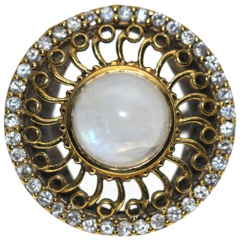 NSA|925 silver patch ring, round rosette, golden curls, natural zircons and moonstone, size 15