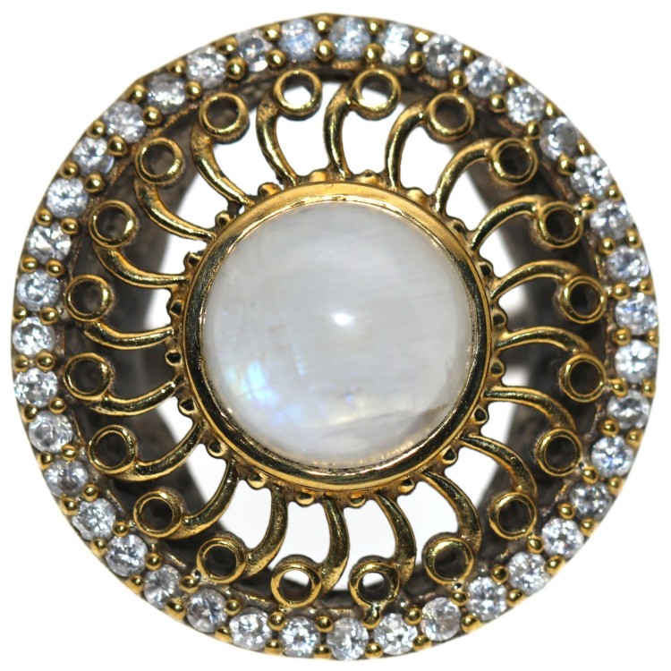 NSA|925 silver patch ring, round rosette, golden curls, natural zircons and moonstone, size 15