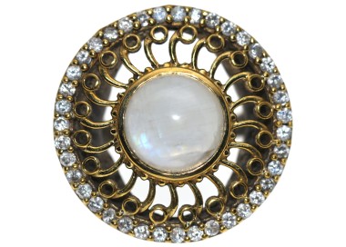 NSA|925 silver patch ring, round rosette, golden curls, natural zircons and moonstone, size 15