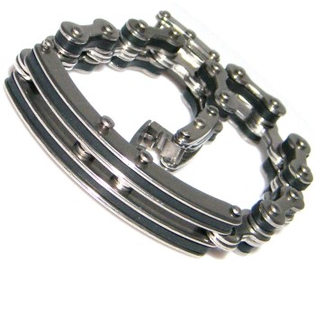 NSA|Chromed steel man bracelet with black inserts for men's motorcycle chain