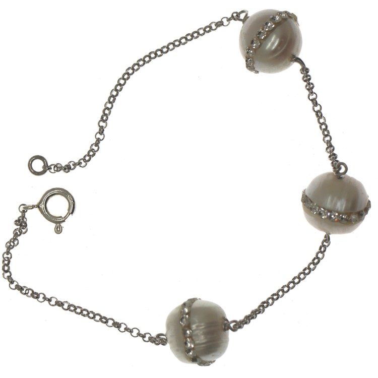 NSA|Argento 925 : bracciale rolo' con perle coltivate e zirconi bianchi