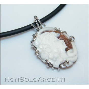 NSA|Silver 925 Rubber necklace cameo pendant, oval with woman's profile