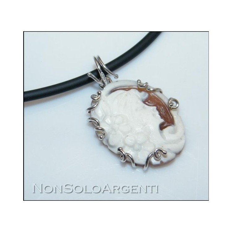 NSA|Silver 925 Rubber necklace cameo pendant, oval with woman's profile