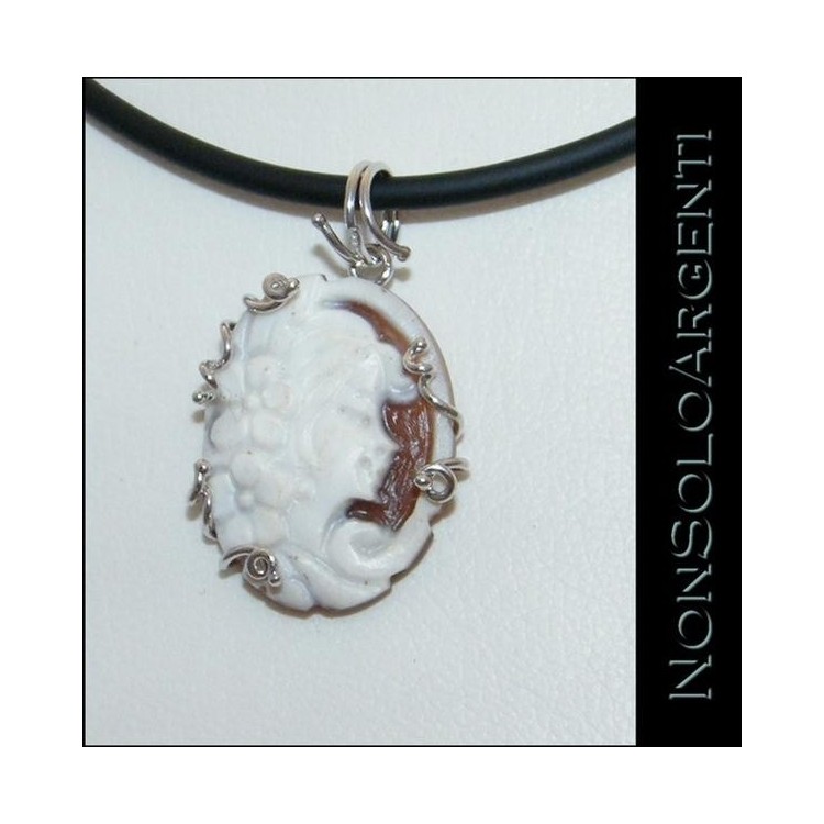 NSA|Silver 925 Rubber necklace cameo pendant, oval with woman's profile