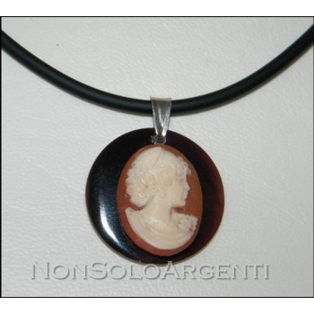 NSA|cammeo corniola argento 925 con collana caucciu' ovale con profilo di donna