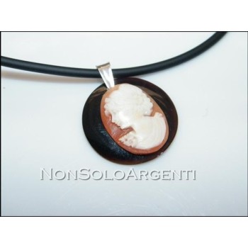 NSA|cameo pendant carnelian silver 925 and rubber necklace profile of a woman