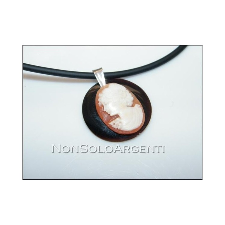 NSA|cameo pendant carnelian silver 925 and rubber necklace profile of a woman