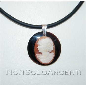 NSA|cameo pendant carnelian silver 925 and rubber necklace profile of a woman