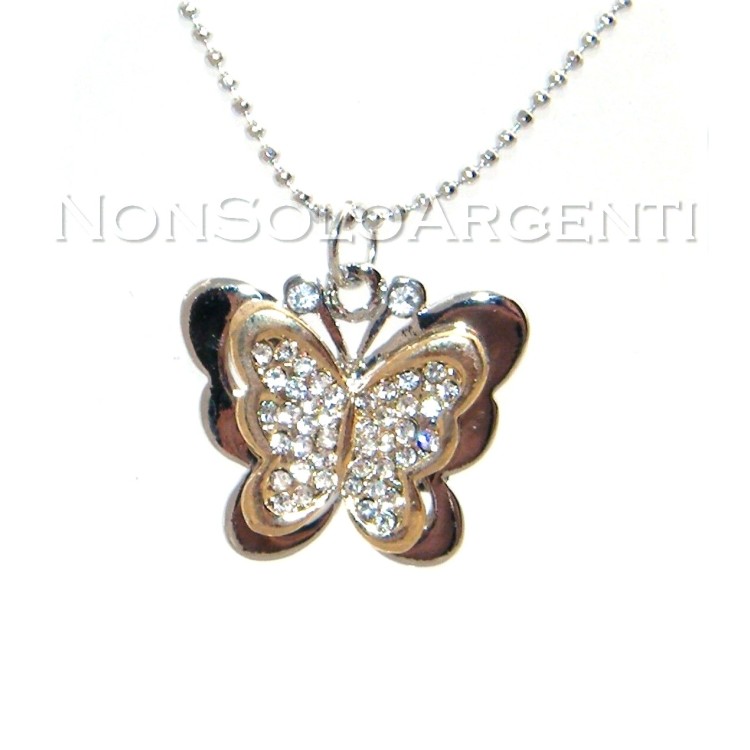 NSA|Collana farfalla ciondolo argento oro strass donna