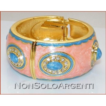NSA|Bigiotteria : Bracciale Braccialetto a Molla colore ORO con smalto rosa pesca e azzurro + Strass